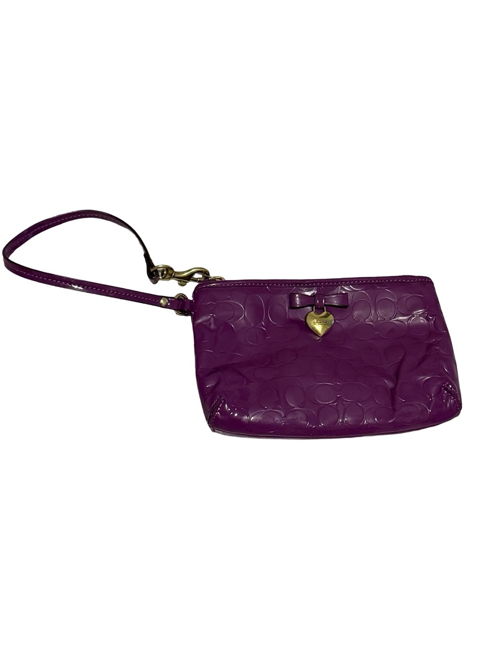 Coach Purple Patent Leather Signature C Wristlet Heart Charm Pouch